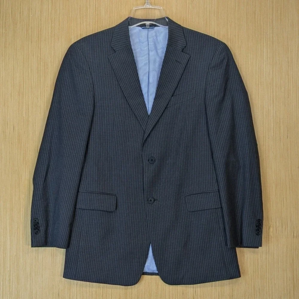 Tommy Hilfiger Mens Pinstripe Blazer Charcoal Gray Two‎ Button Suit Jacket